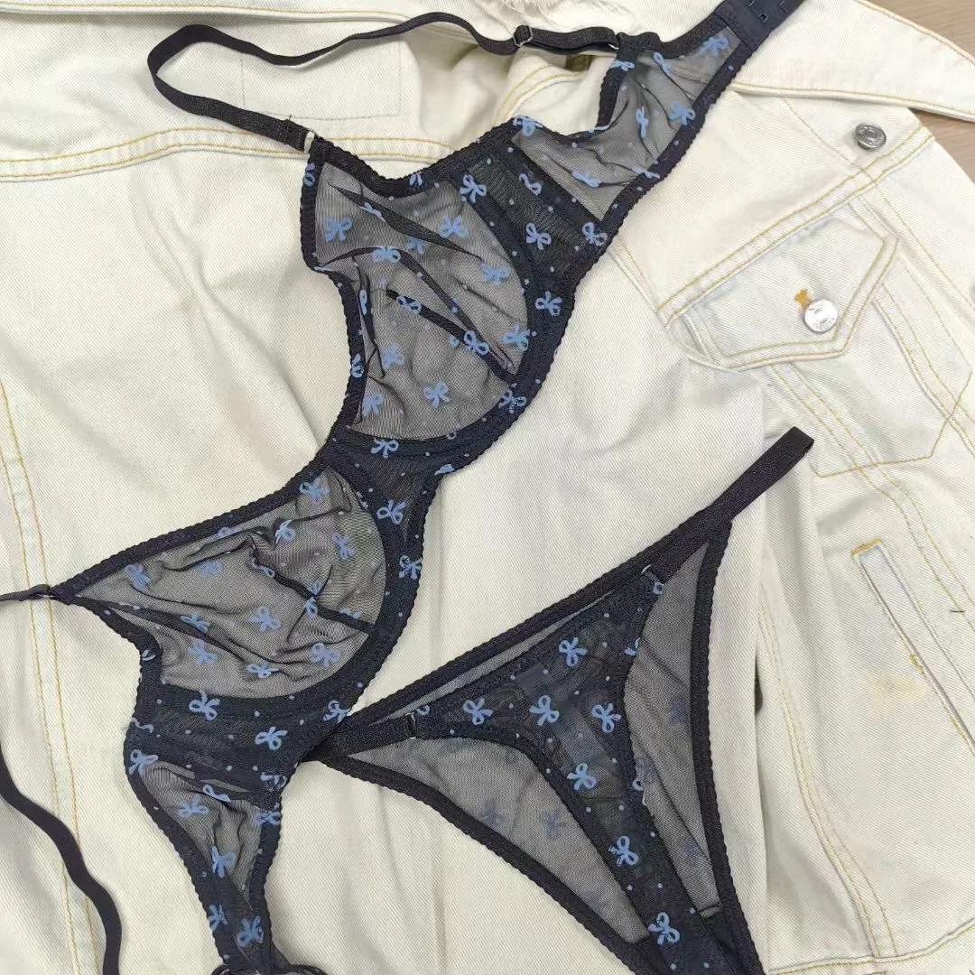 Classic Bow Pattern Printed Underwear Mesh Perspective Temptation Sexy Women Lingerie