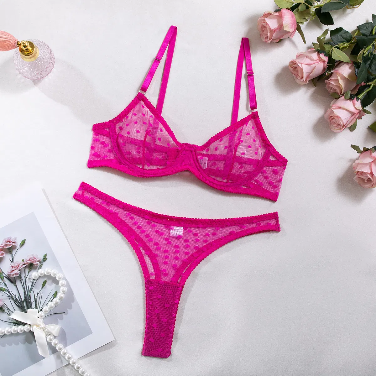 Wholesale Polka Dots Perspective Mesh Bra Set Sexy Thin Two-Piece Lingerie
