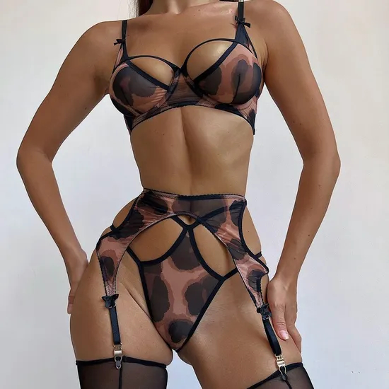 New Design Leopard Print Bra Set with Stockings Wholesale Sexy Transparent Mesh Woman Lingerie