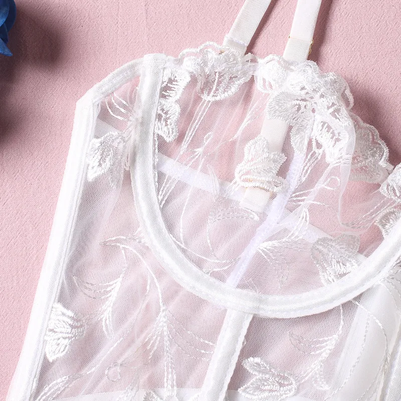 Sexy Embroidered Lace Fishbone Underwear Set Wholesale Transparent Mesh Woman's Lingerie