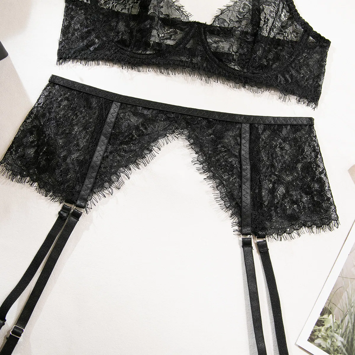 Sexy Eyelash Lace Solid Color Underwear Set Wholesale Flower Embroidery Lingerie