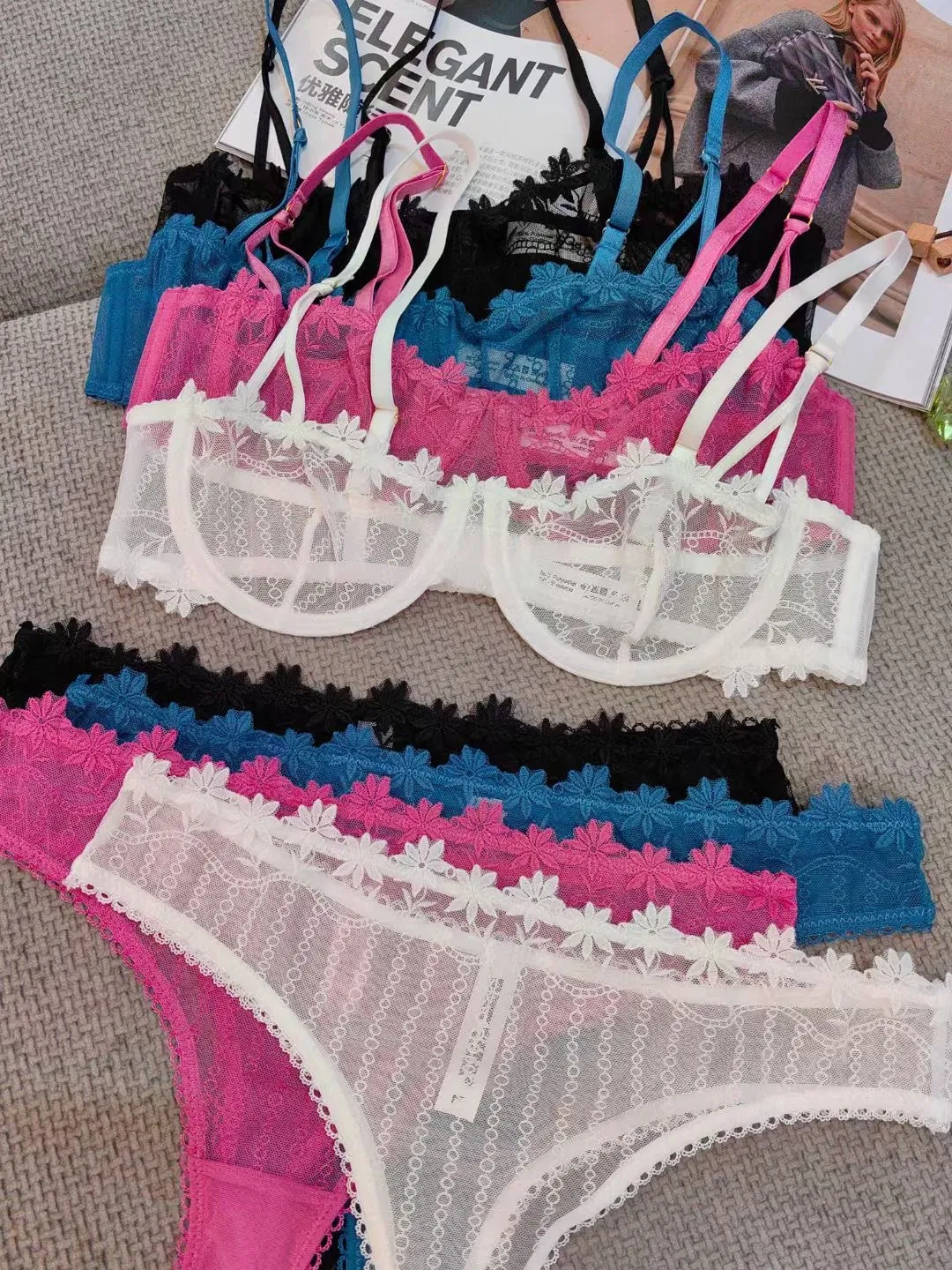 Women Breathable Lace Bra Set Sexy Embroidery Comfort Half Cup See Through Underwear