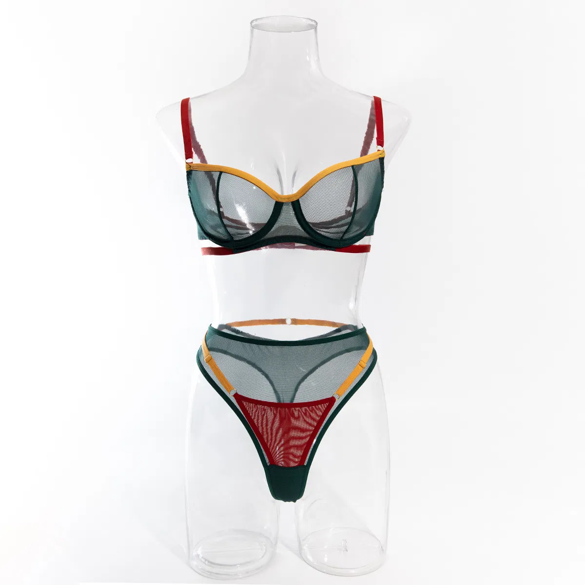 Sexy Contrast Color See-Through Mesh Two Piece Underwear Set Wholesale Steel Ring Lingerie