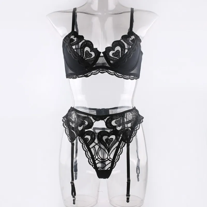 Wholesale Woman Heart Embroidery See-Through Mesh Underwear Sexy 3PCS Lingerie