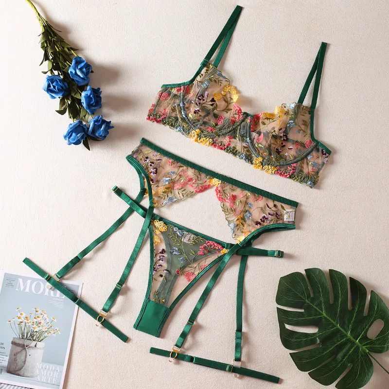 High Quality Transparent Underwear Set Sexy Floral Embroidered Lingerie