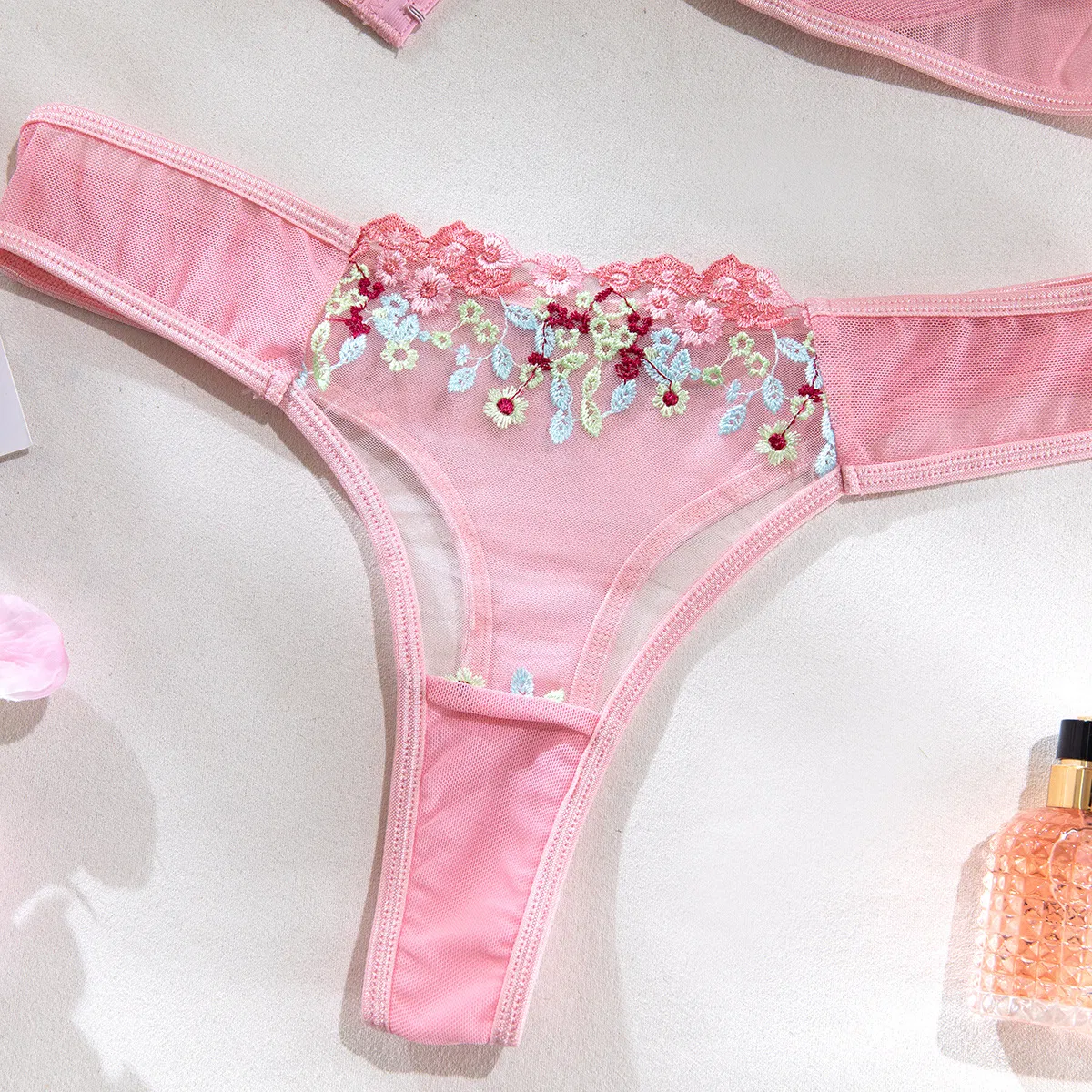 Sexy See-Through Mesh Pink Floral Embroidery Bra Set Hot Selling Women Lingerie