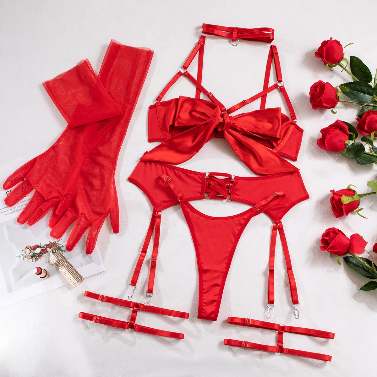 Sexy Women Underwear Set with Glove Wholesale Bow Hollow out Lingerie