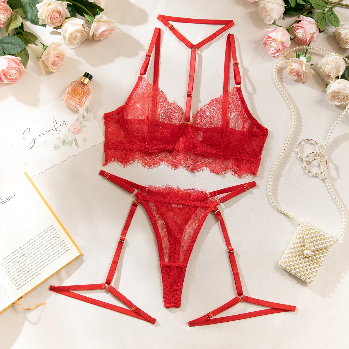 Sexy Hanging Neck Ladies Underwear Wholesale Eyelashes Lace Lingerie
