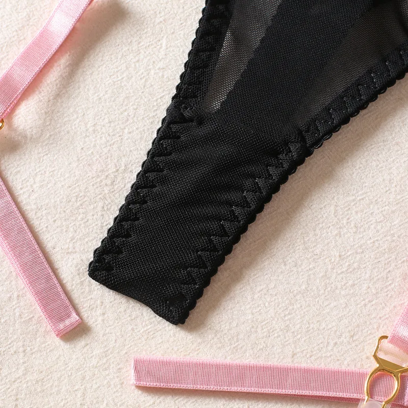 Sexy Bowknot Transparent Mesh Color Contrast Bra Set Hot Selling Garter Belt Woman Lingerie