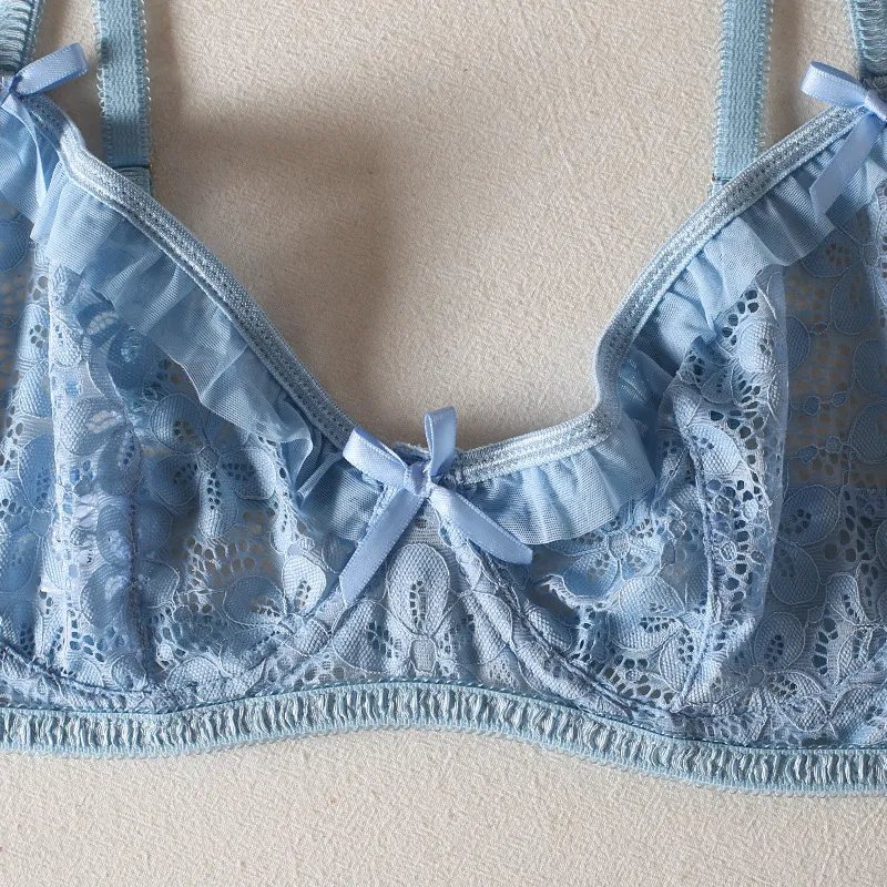 Sexy See-Through Ruffles and Bows Bra Set Hot Selling Delicate Solid Color Woman Lingerie
