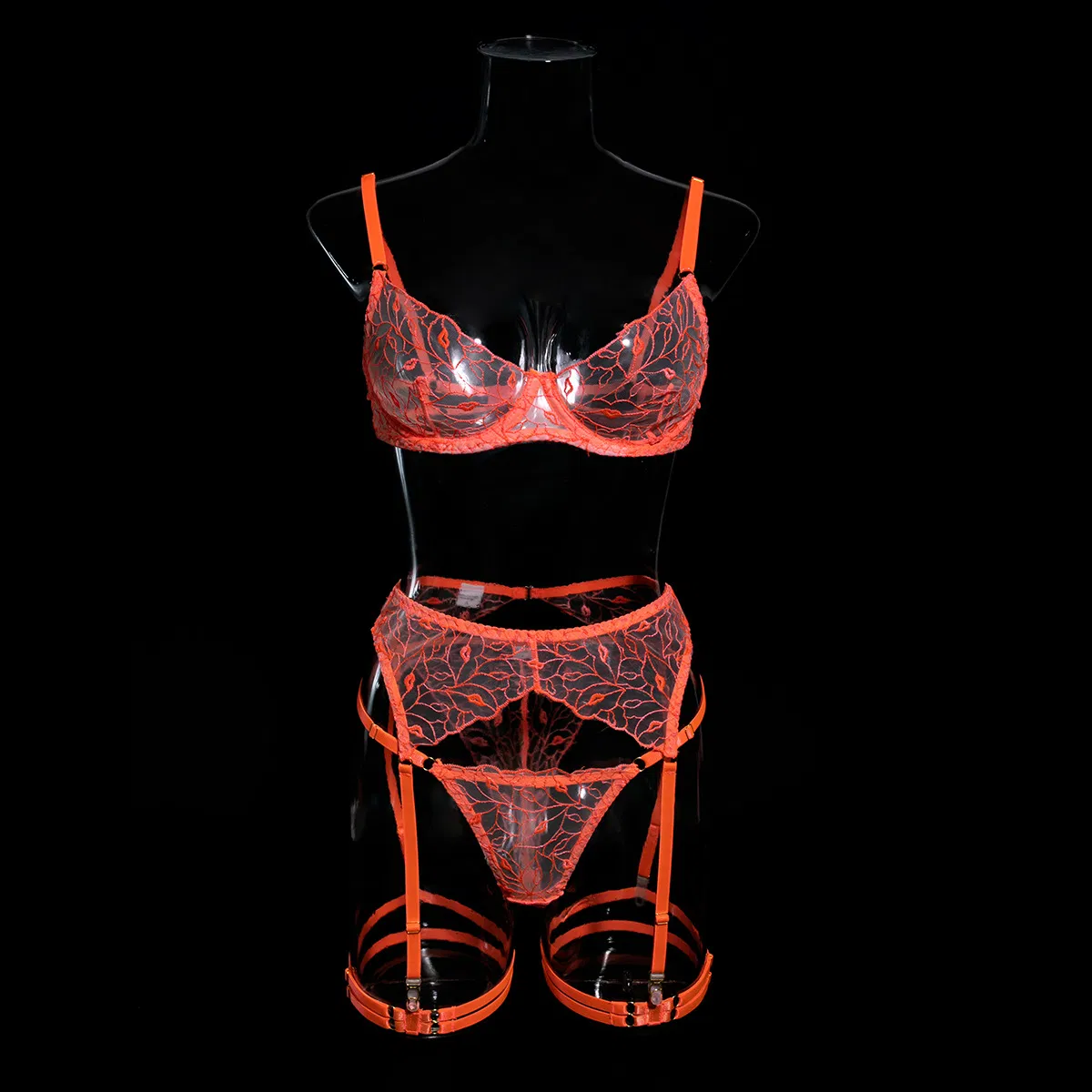 Wholesale See-Through Mesh Embroidery Bra Set Sexy Three-Piece Woman's Lingerie