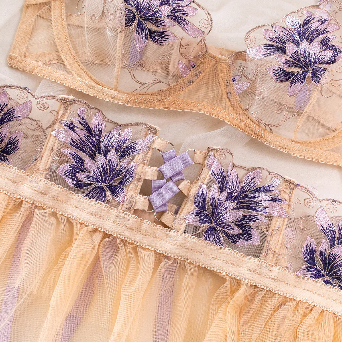 Sexy See-Through Mesh Small Skirt Bra and Panties Set Wholesale Embroidery Lace Lingerie