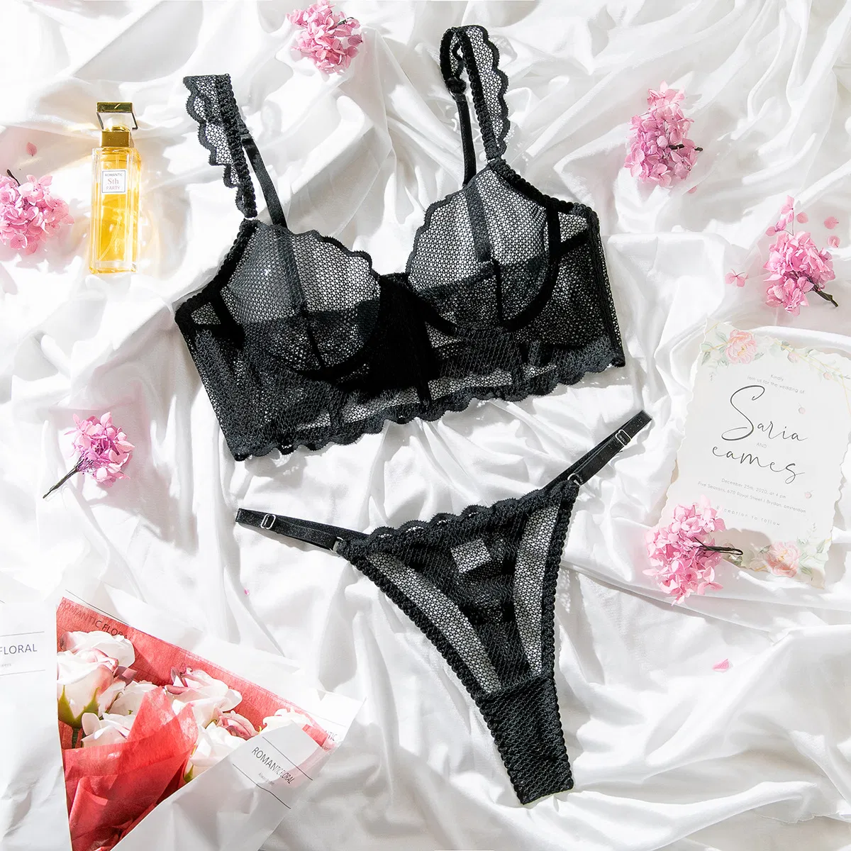Wholesale Fishbone See-Through Fishnet Mesh Bra Set Sexy Solid Color Two Piece Lingerie