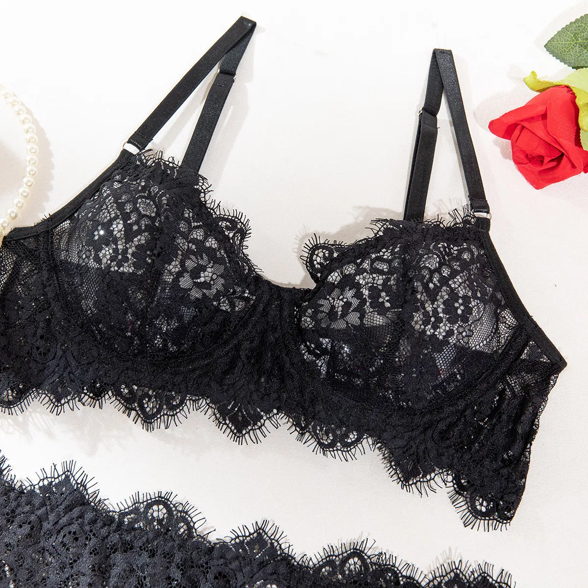 Wholesale Eyelash Lace Woman Bra Set Sexy Ultra Thin Perspective Lingerie