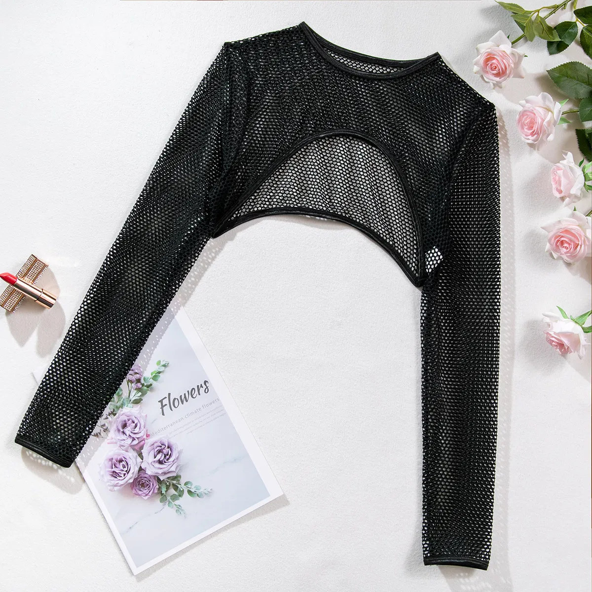 Sexy Long Sleeve Fishnet Mesh Woman Underwear Set Hot See-Through Solid Color Lingerie