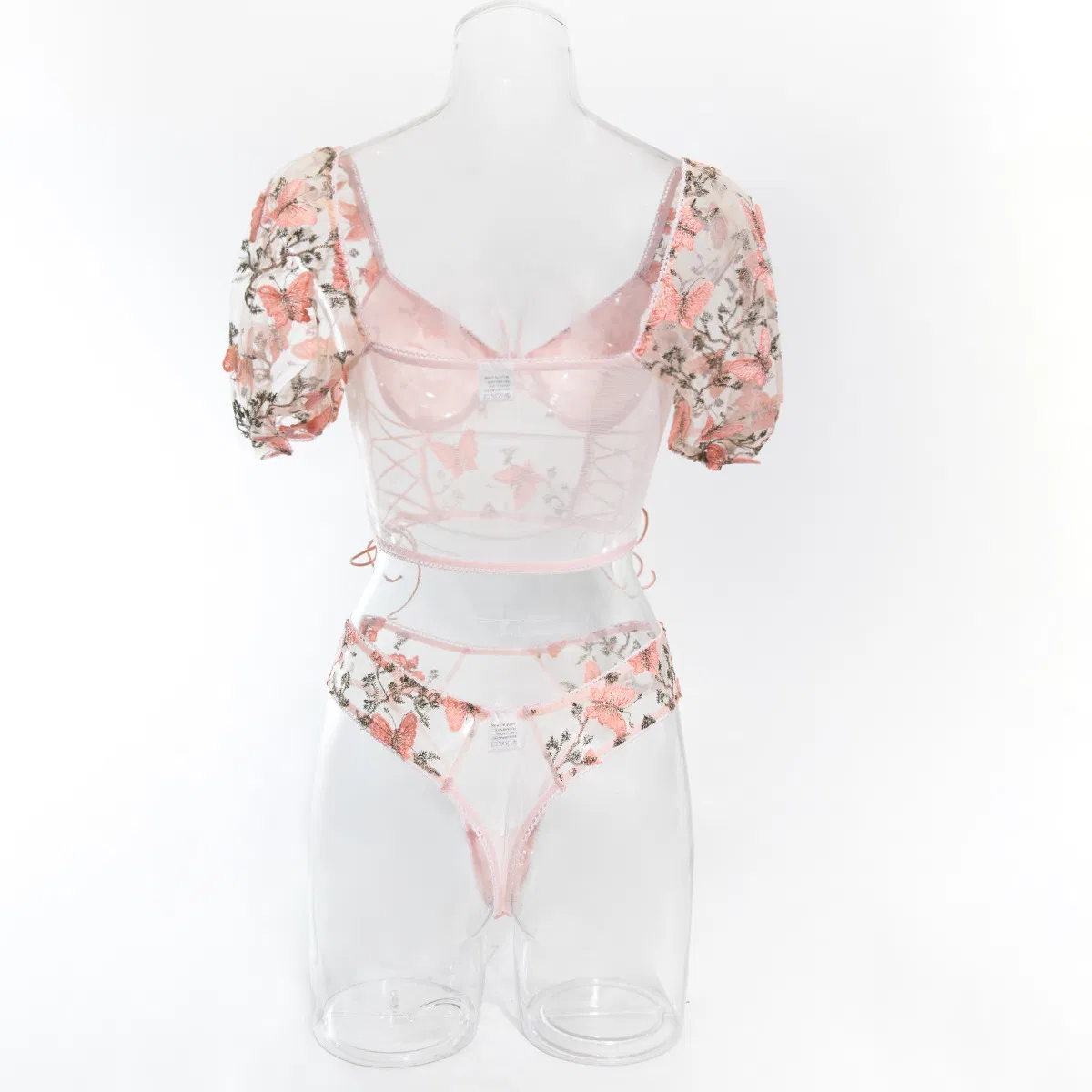 Wholesale Floral Embroidery Bubble Sleeve Underwear Set Sexy See-Through 2-Piece Lingerie