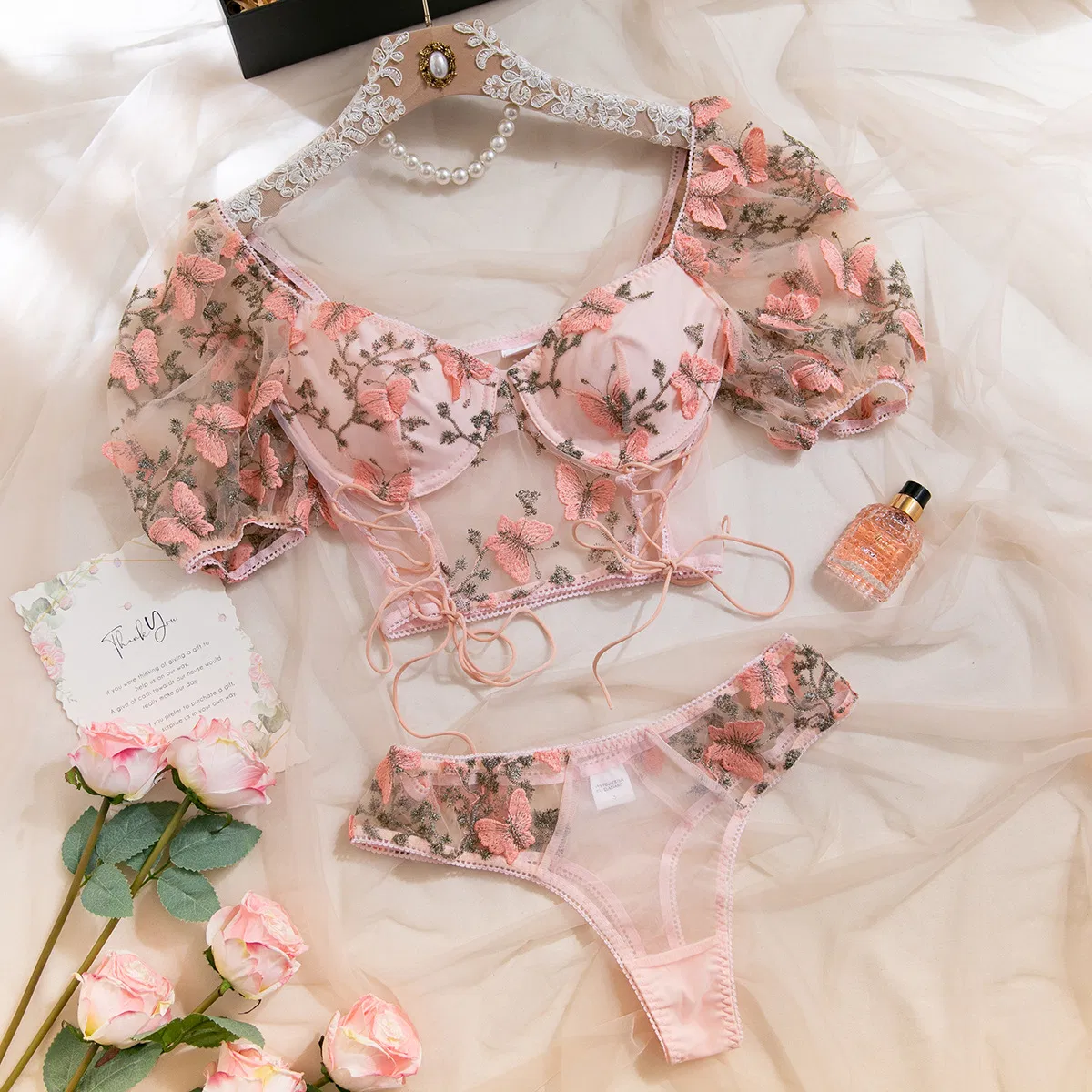 Wholesale Floral Embroidery Bubble Sleeve Underwear Set Sexy See-Through 2-Piece Lingerie