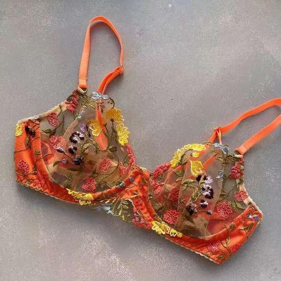 Wholesale Floral Embroidery Transparent Underwear Set Sexy 2 Piece Ladies Lingerie