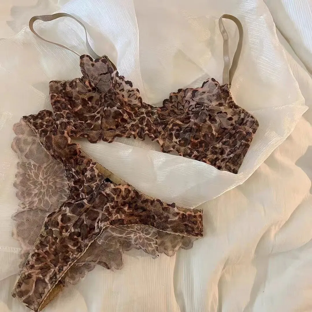 Hot Sell Sexy Cheetah Print Underwear Ultra-Thin for Women French Lace Bra Set Lingerie