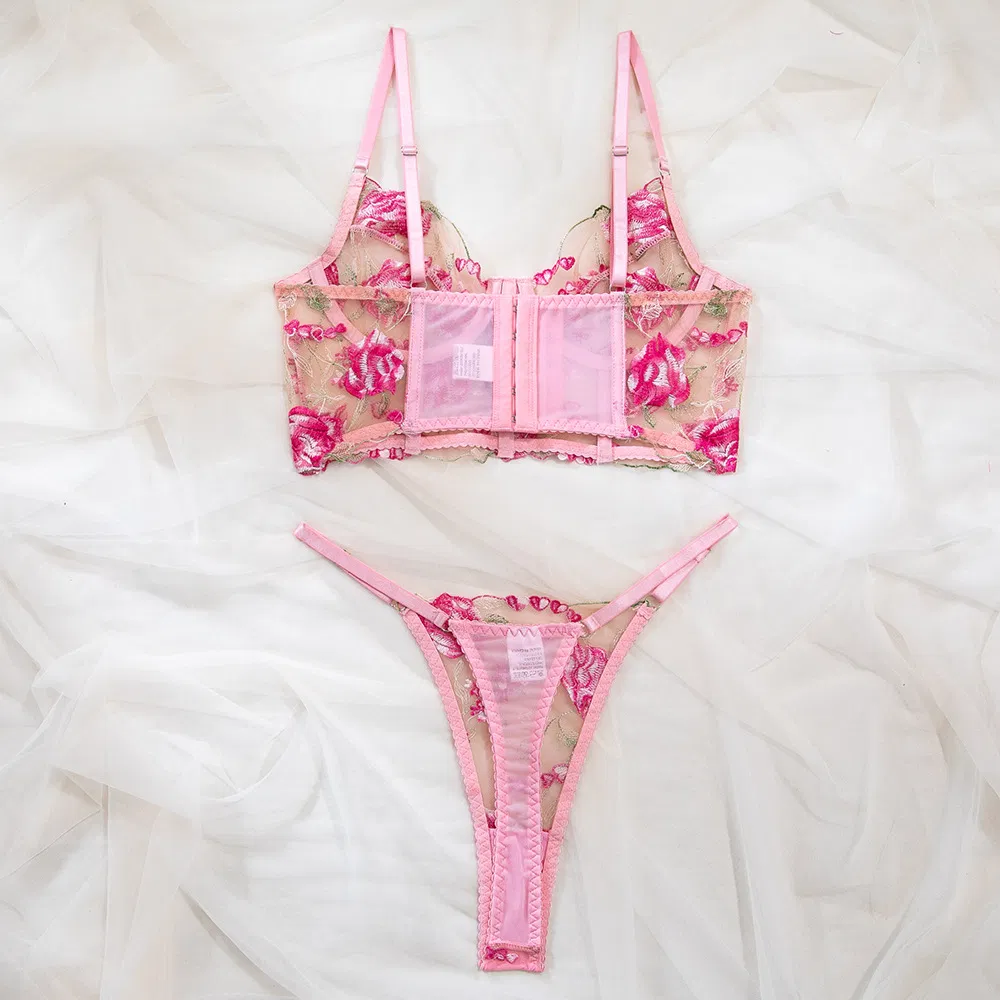 Wholesale Fishbone Transparent Mesh Bra Set Sexy Flower Embroidered Thin Woman Lingerie