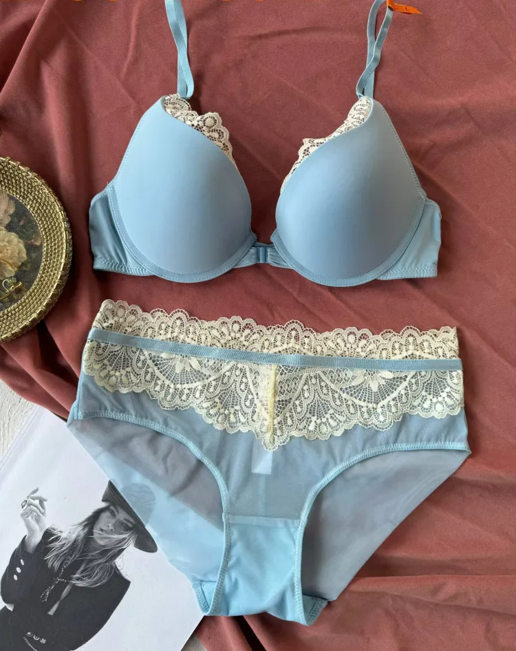 Hot Sell Sexy Lace Trim Sexy Breathable Bra Set Deep V Gathered Women Front Button Lingerie