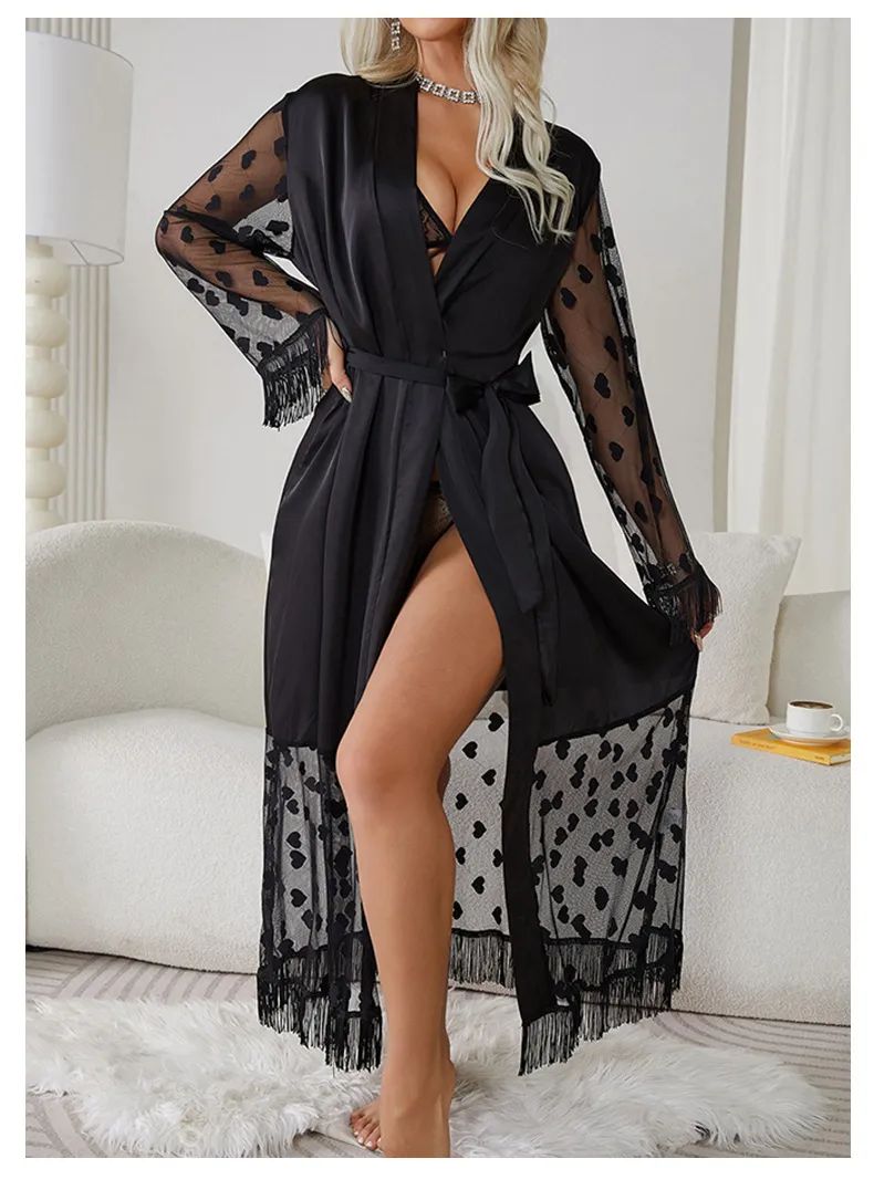 Wholesale Embroidery Love Woman's Sleepwear Sexy Satin Patchwork Transparent Mesh Sleeve Robe
