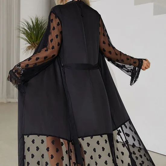 Wholesale Embroidery Love Woman's Sleepwear Sexy Satin Patchwork Transparent Mesh Sleeve Robe