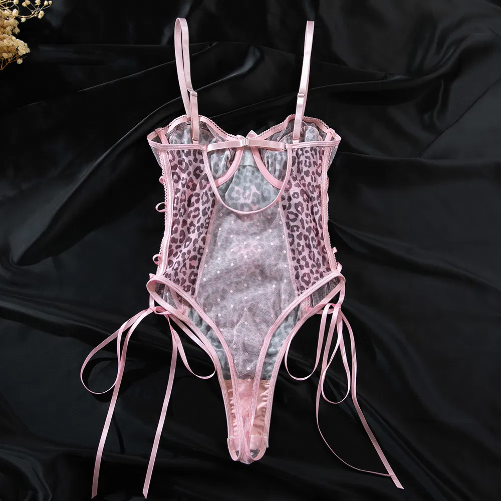 New Style Pink Leopard Print Women Bra Set Sexy Bow Tie One Piece Lingerie