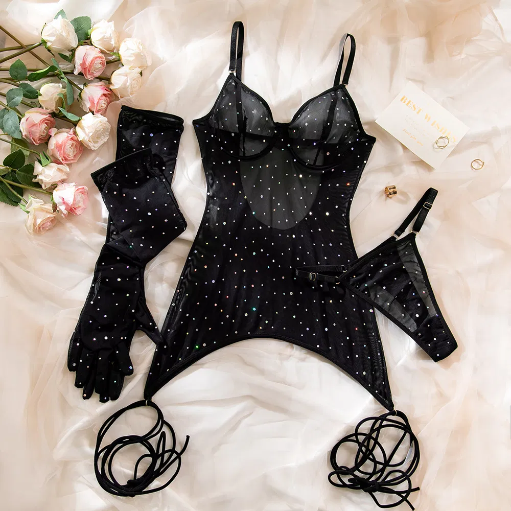 Sexy Transparent Flash Mesh Woman Bra Set with Gloves Wholesale Solid Color Ultral-Thin Lingerie