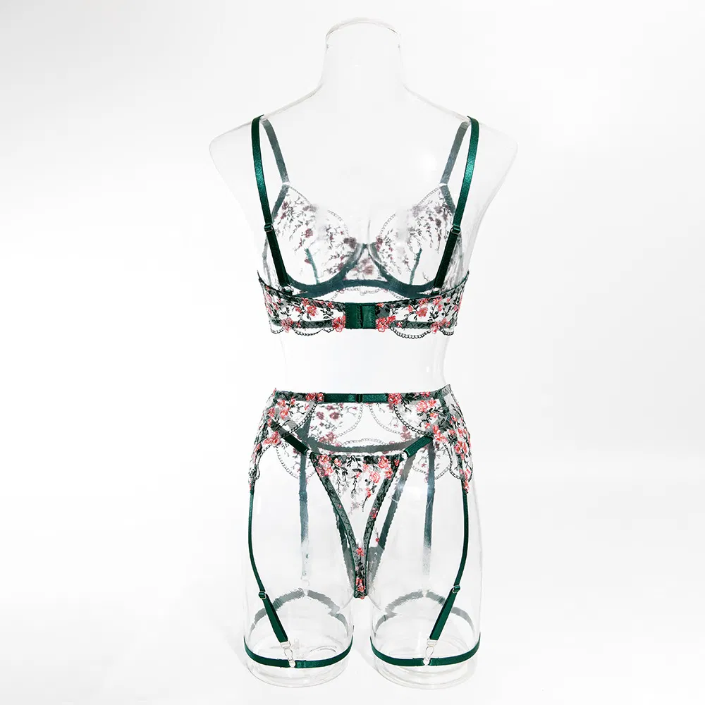 New Flower Embroidery Bra Brief Set Sexy High Quality See-Through Mesh Woman Lingerie