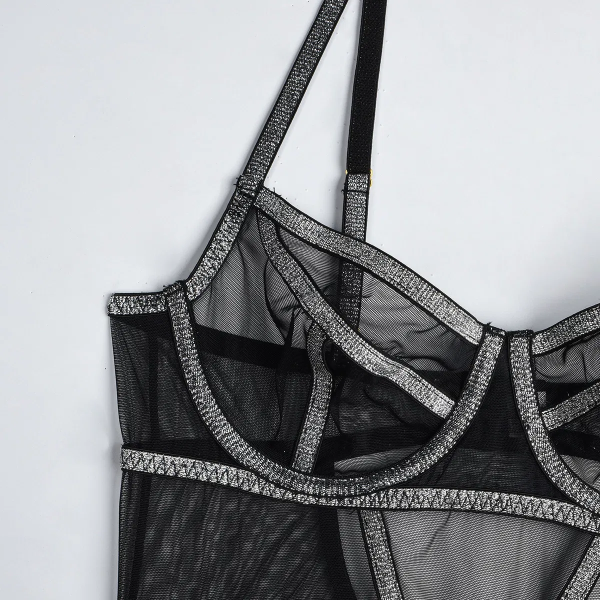Sexy Wire Lines See-Through Mesh Patchwork Woman Bra Set Hot V-Neck One-Piece Lingerie