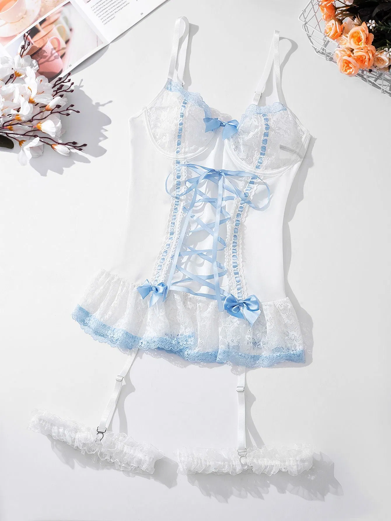 Wholesale Bow Tie Underwear Set for Woman Sexy See-Through Short Skirt Lingerie
