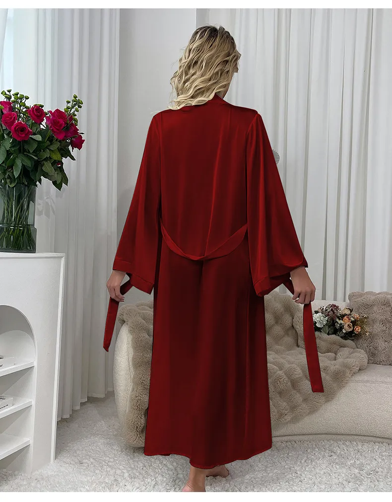 Wholesale Solid Color Satin Sleepwear Sexy Long Sleeve Woman Silk Night Robe
