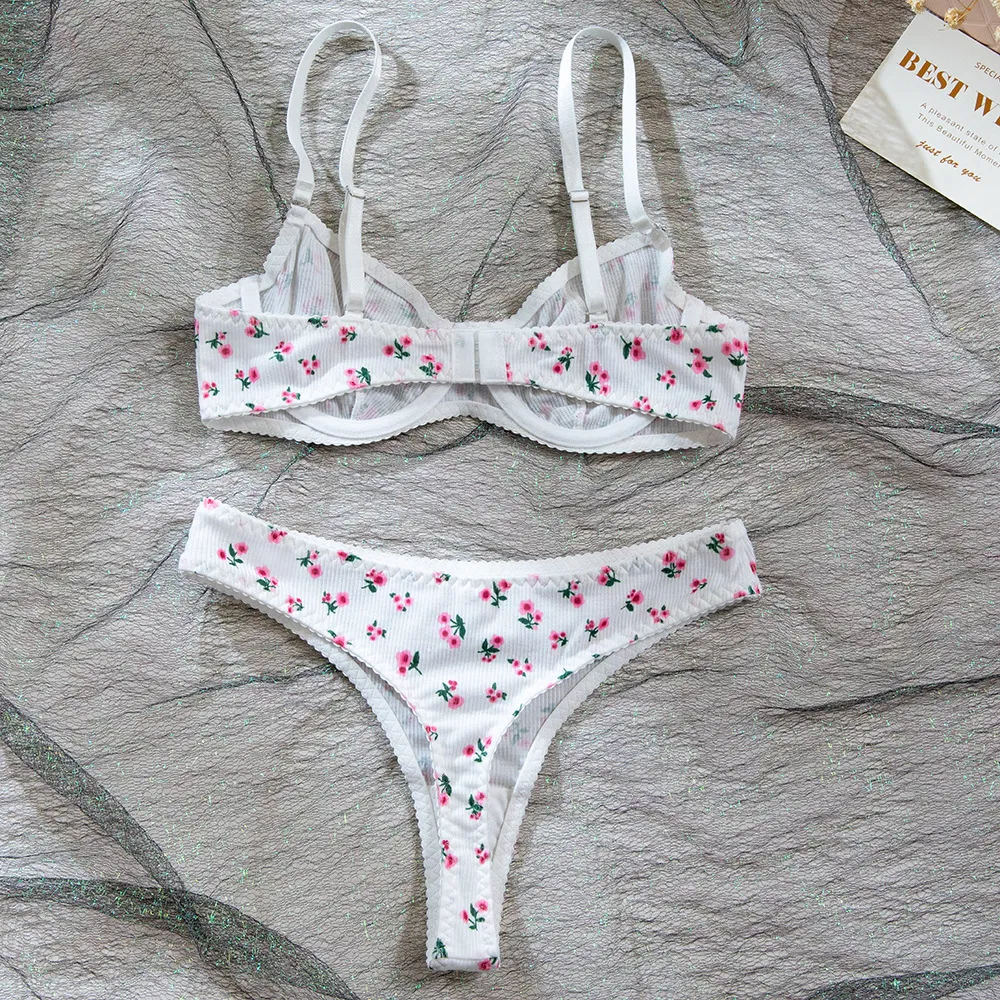New Fashion Floral Print Two-Piece Bra Set Sexy See-Through Women Lingerie