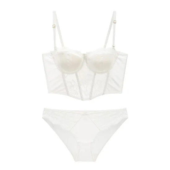 French Solid Color Satin Embroidery Lace Trim Sexy Breathable Patchwork Vest Gathering Bra Underwear Set Sexy Lingerie