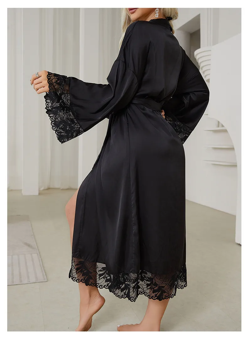 Wholesale Luxury Satin Long-Sleeved Women Sleepwear Nightwear Sexy V-Neck Lace Bath Robe