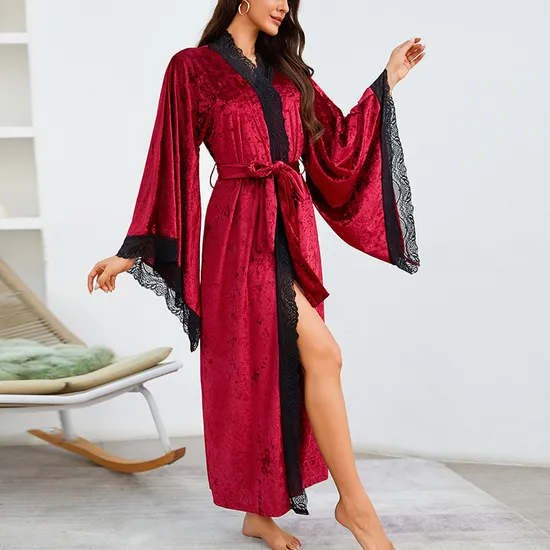 Sexy Luxury Sleepwear Nightwear Wholesale Velvet Lace Long Sleeve Woman Bath Robe