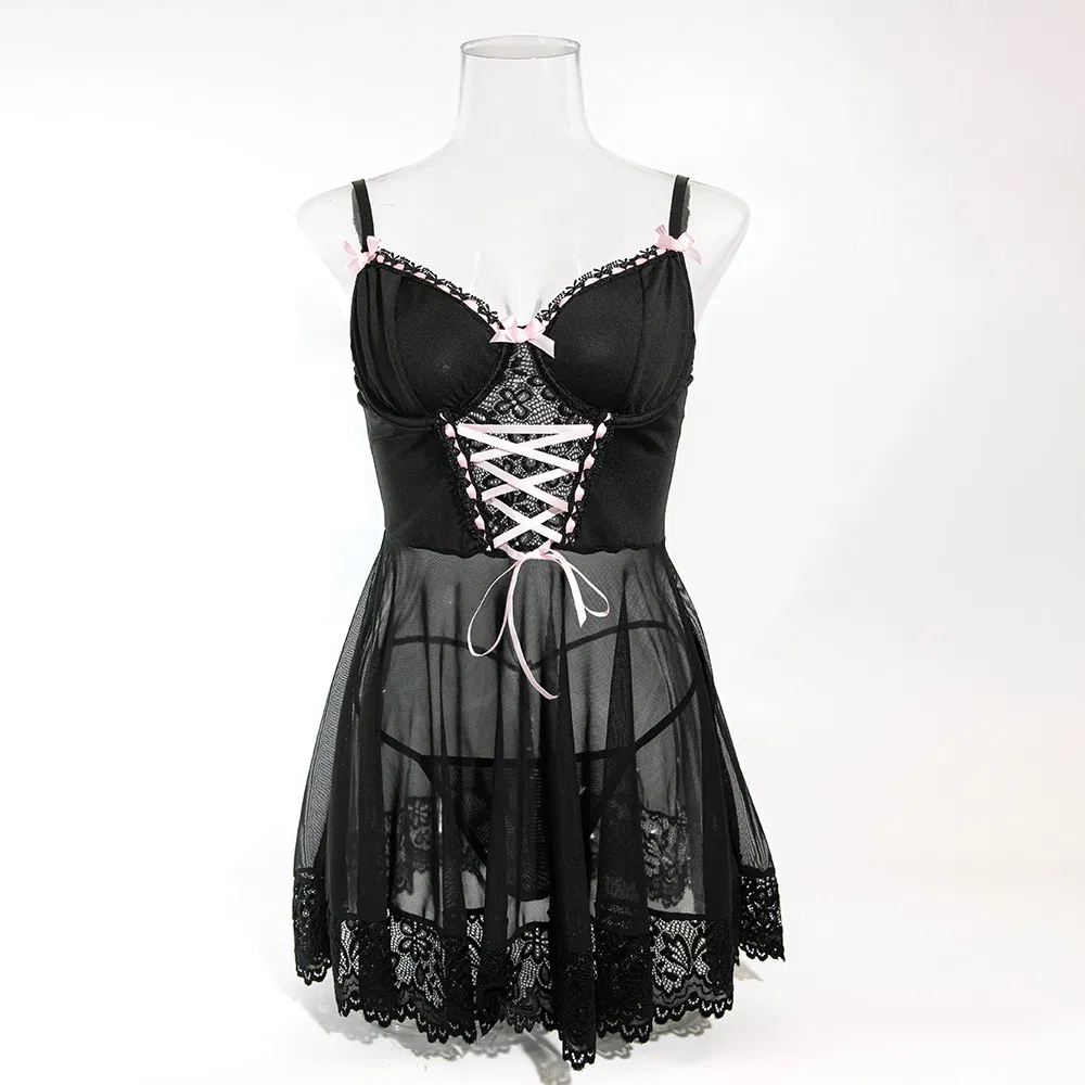 Sexy Bow Mesh See-Through Dress Underwear Set Hot Women Two-Piece Lingerie