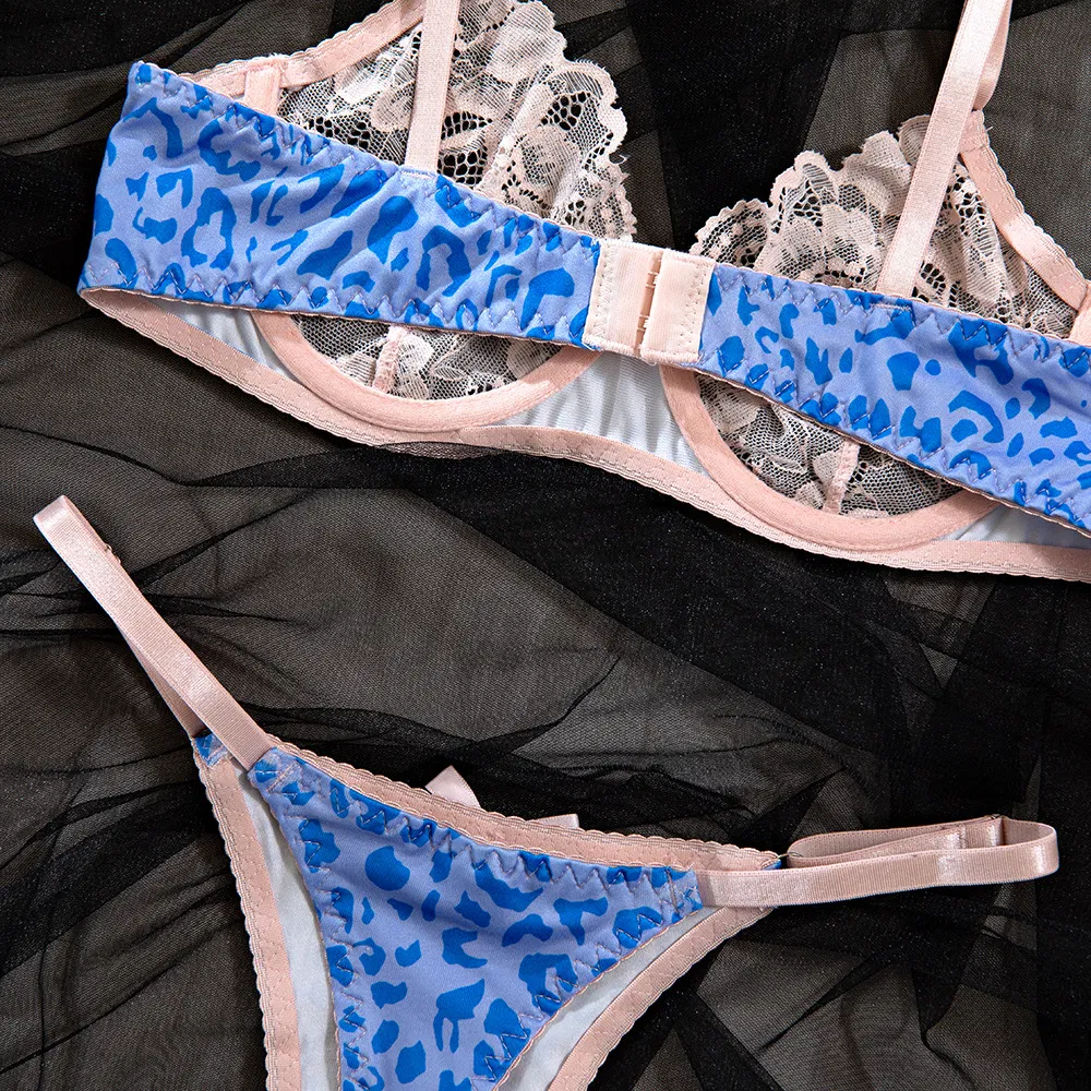 Wholesale Leopard Print Embroidery Underwear Set Sexy Contrasting Color Woman Lingerie