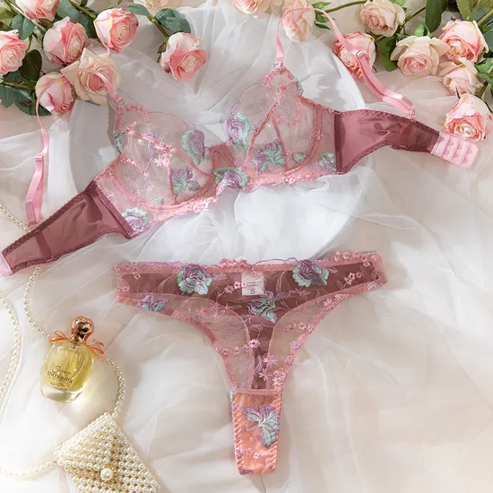 New Design Ultra-Thin Floral Embroidery Underwear Set Sexy Woman 2 Piece Lingerie