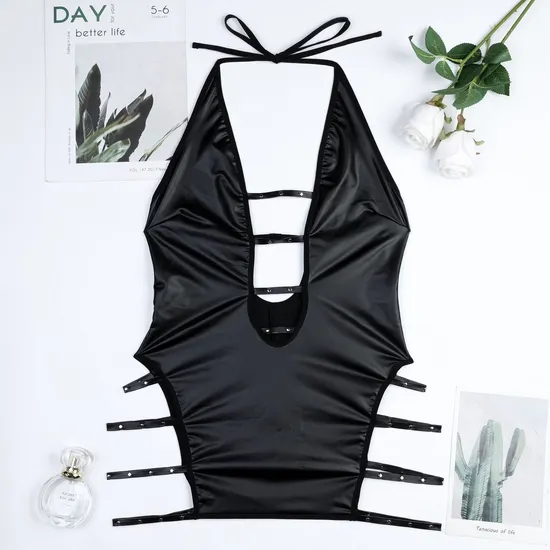 Wholesale PU Deep V Underwear Set for Woman Sexy Backless One Piece Lingerie