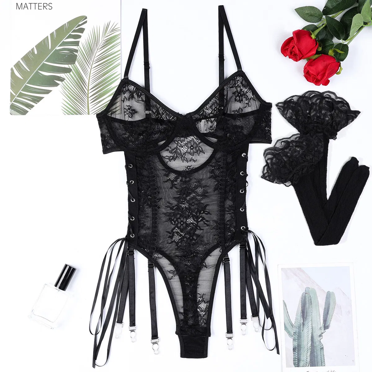 Sexy See-Through Mesh Embroidered One-Piece Bra Panty Set New Solid Color Lingerie