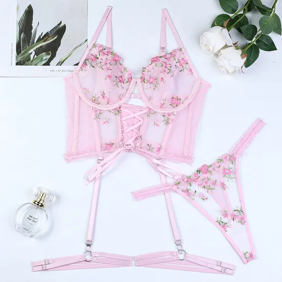 Wholesale Embroidered Floral Fish-Bone Woman Underwear Set Sexy See-Through Cross Strap Lingerie