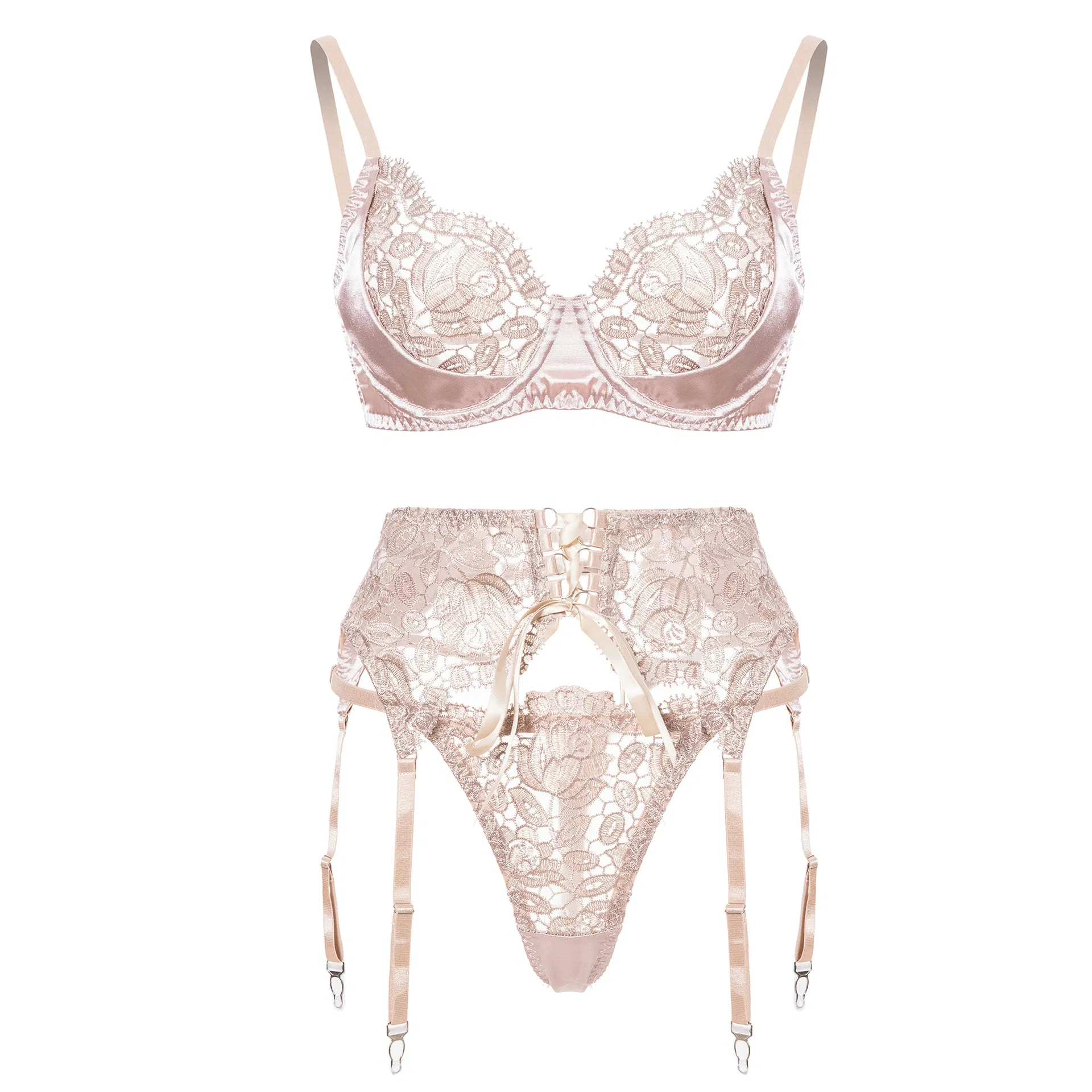 Wholesale Apricot Bandage See-Through Underwear Set for Woman Sexy Flower Embroidery Lingerie
