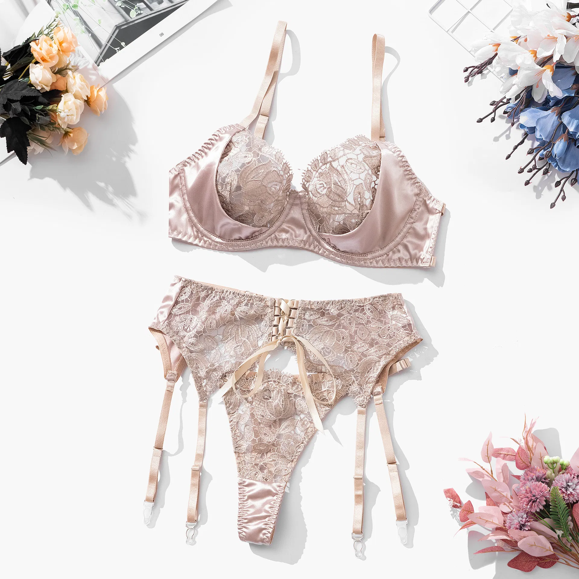 Wholesale Apricot Bandage See-Through Underwear Set for Woman Sexy Flower Embroidery Lingerie