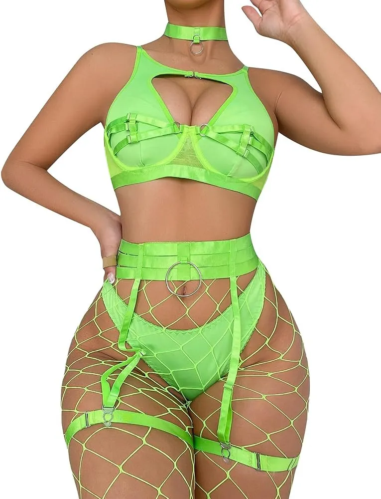 Wholesale Hollow out Underwear Set with Fishnet Stocking Sexy Solid Color Woman's Lingerie