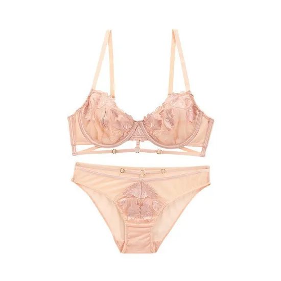 New Style French Romantic for Women Soft Embroidery Lace Trim Sexy Breathable Ultra-Thin Bra Underwear Set Lingerie