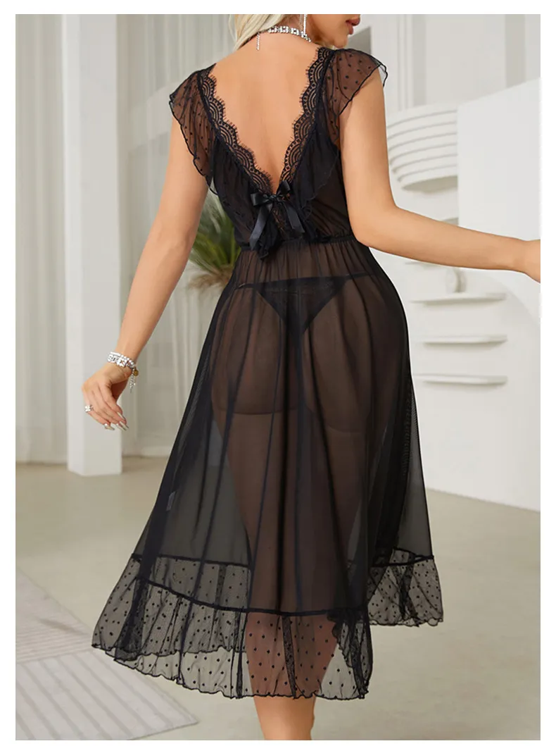 Sexy Polka DOT Suspender Mesh Skirt Sleepwear New Woman Lace Lingerie Nightwear