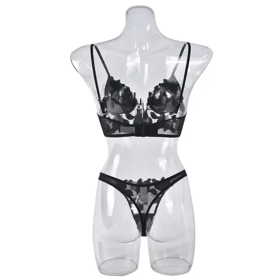 Wholesale French Deep V Embroidery Patchwork Mesh Lace Ultra-Thin Bra Set Underwear Sexy Lingerie