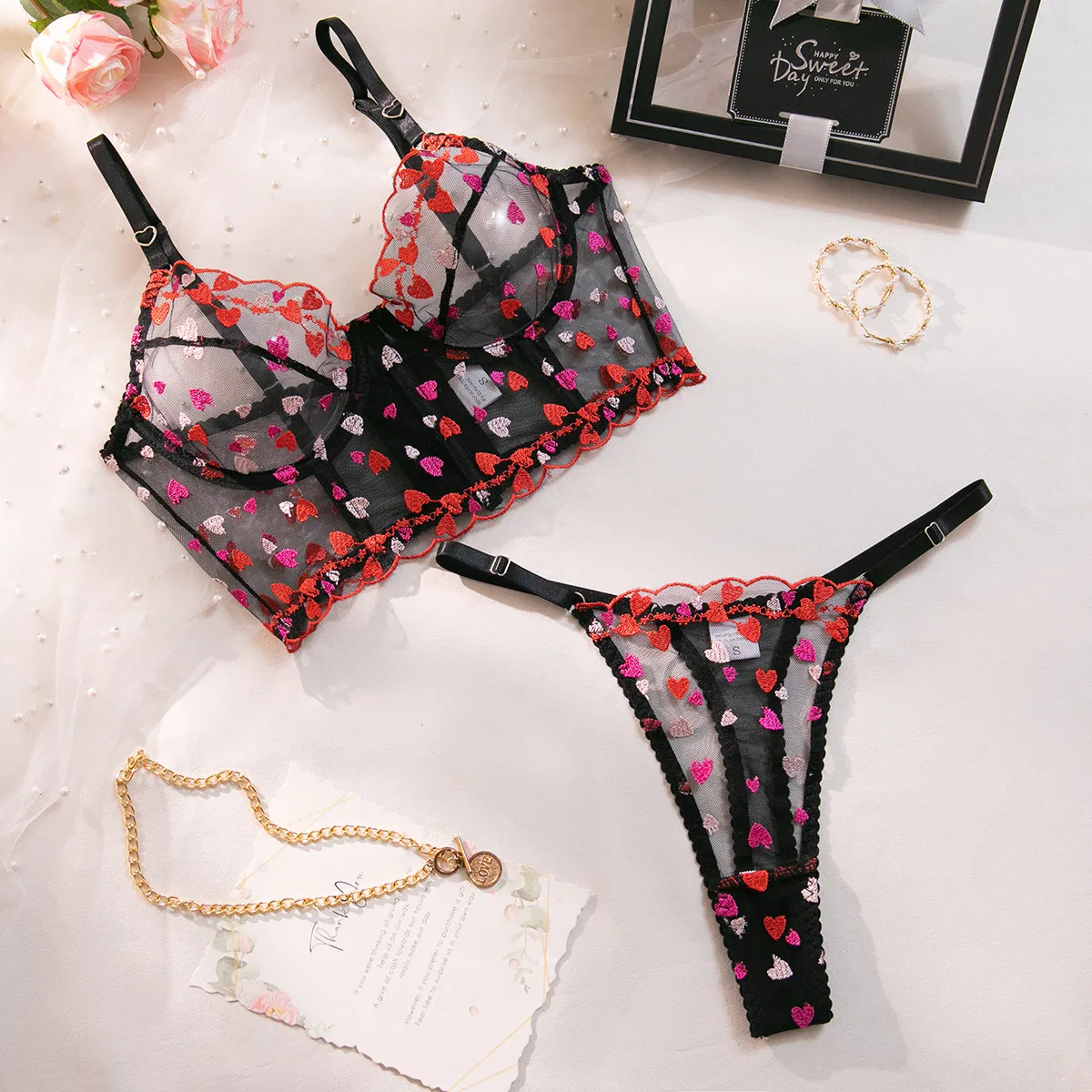 Sexy Fishbone Heart-Shaped Embroidery 2 PCS Underwear Set Wholesale Transparent Mesh Lingerie
